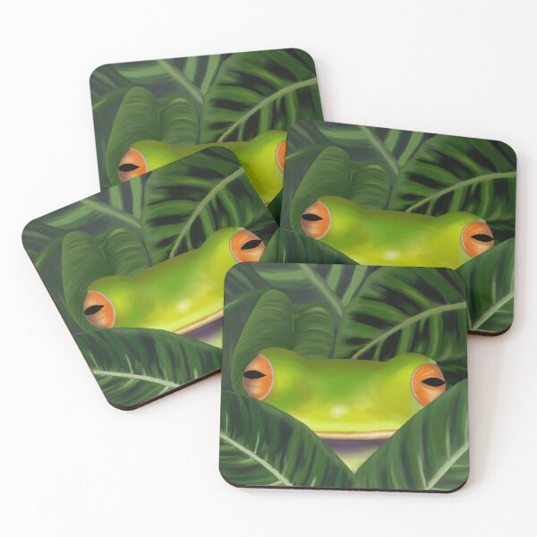 Item preview, Rainforest Frog appearing through tropical leaves designed and sold by Zoe Jane Designs.