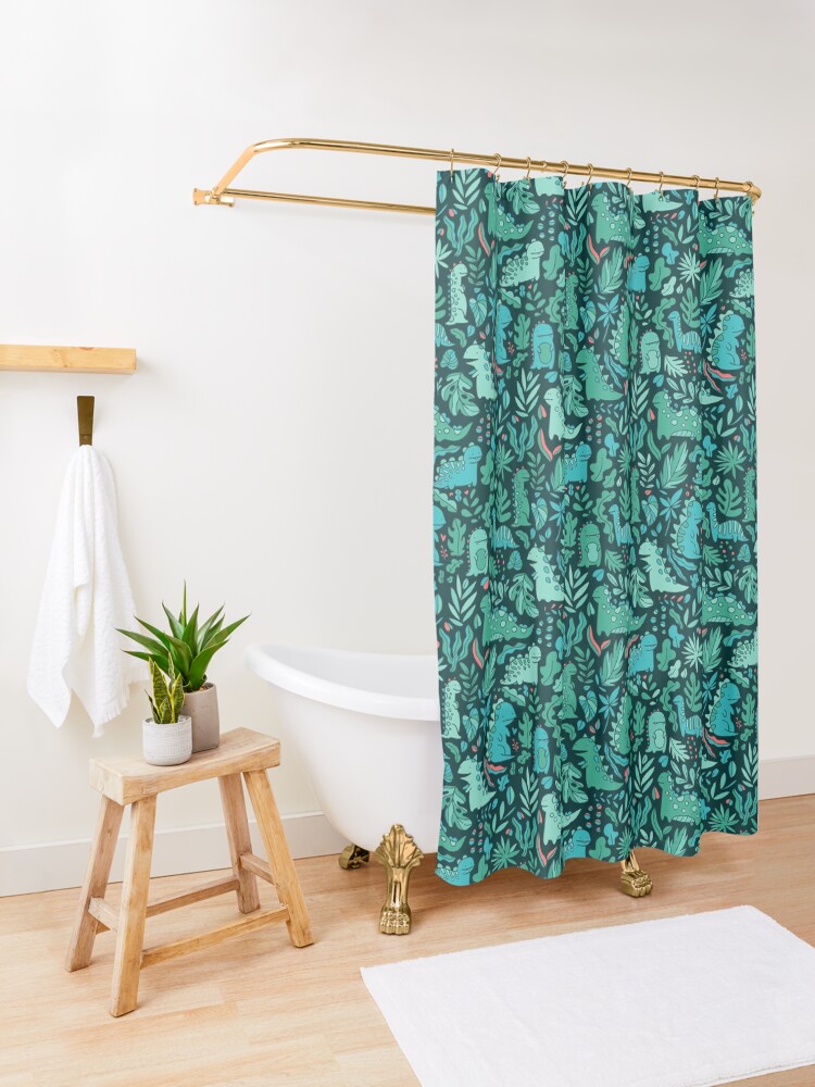 Alternate view of Cute dinosaurs and tropical leaves Shower Curtain