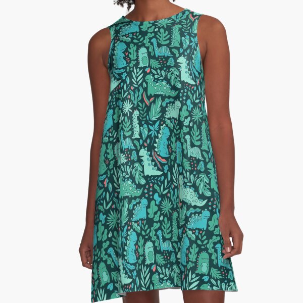 Cute dinosaurs and tropical leaves A-Line Dress