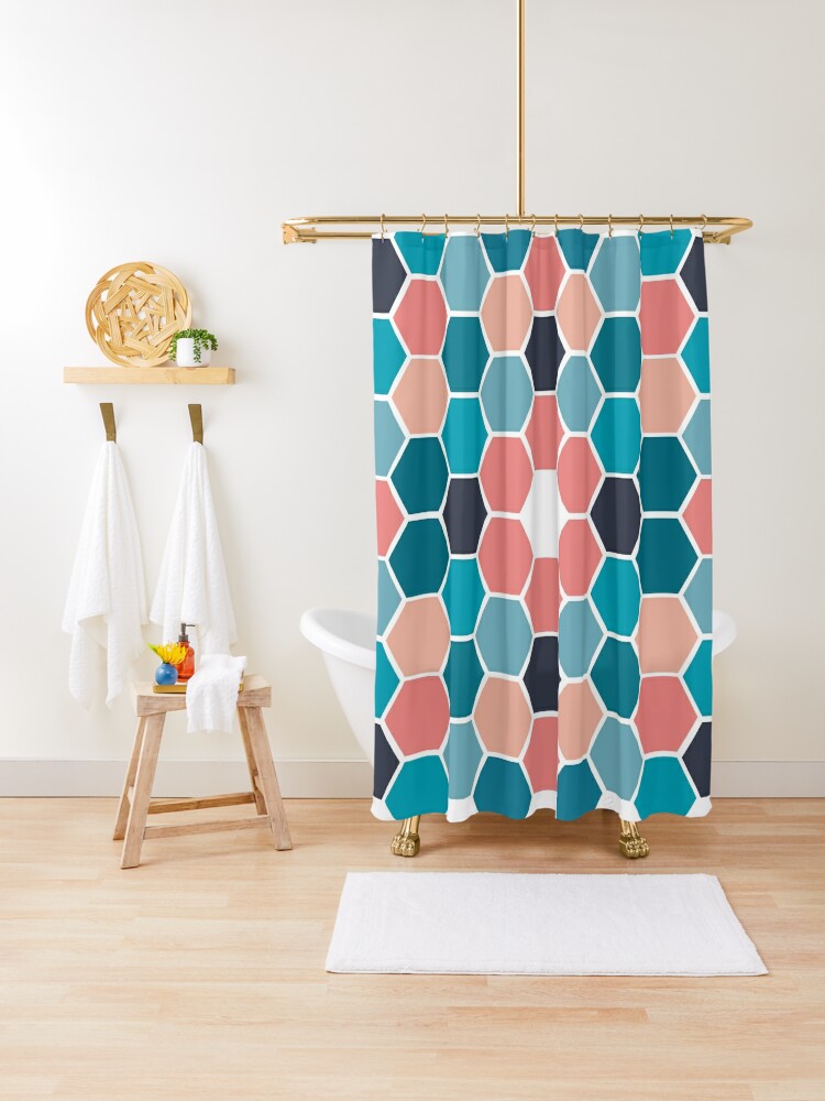 coral and blue shower curtain