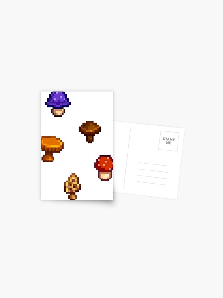 Aperçu 1 sur 2. Carte postale avec l'œuvre Ensemble de champignons Stardew Valley créée et vendue par Saerayy.