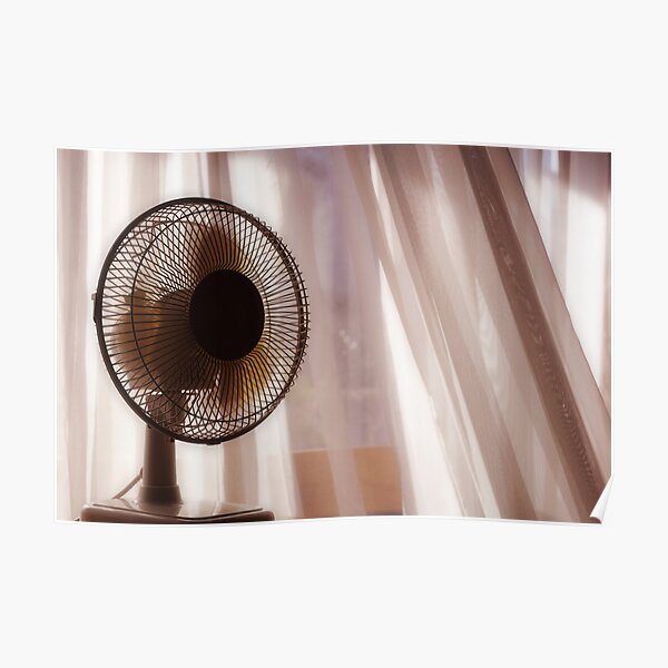 Electric fan beside apartment window with white curtains Poster
