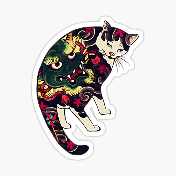 Antique Japanese Woodblock Print Cat with Flower Tattoos Sticker
