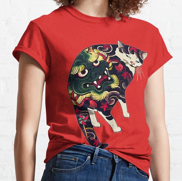 Antique Japanese Woodblock Print Cat with Flower Tattoos Classic T-Shirt