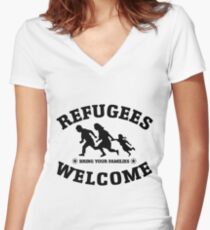 Refugees Welcome Peace Love Flüchtling Women's Fitted V-Neck T-Shirt