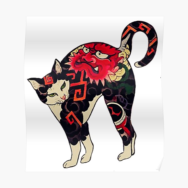 Antique Japanese Woodblock Print Cat with Flower Tattoos Poster