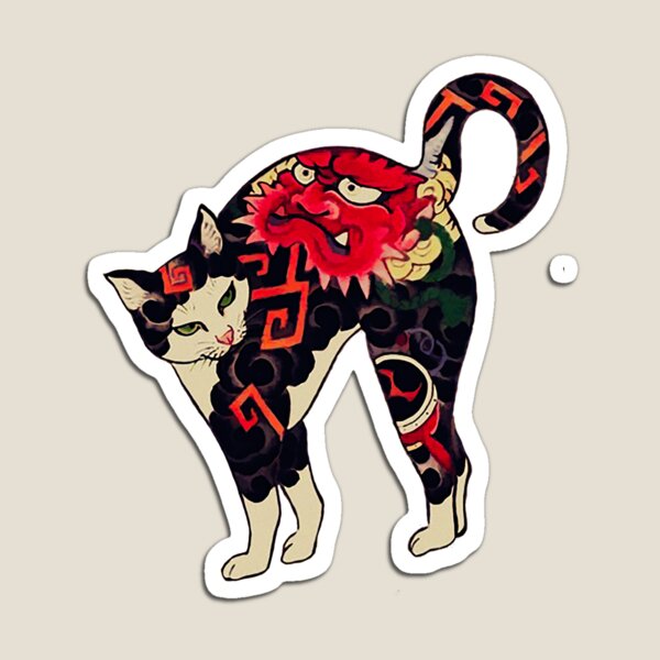 Antique Japanese Woodblock Print Cat with Flower Tattoos Magnet