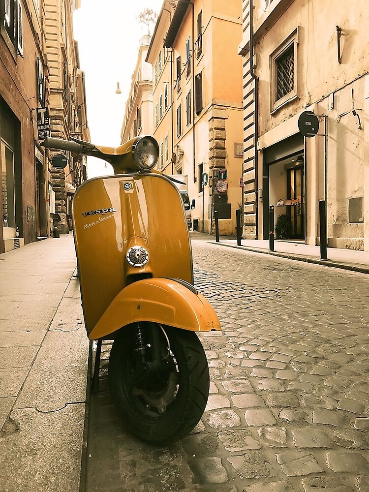 "Yellow vespa motorcycle on the street in Italy " Art Print by