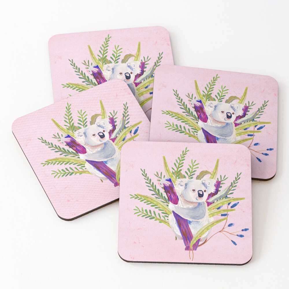 Watercolour Australian Koala and foliage on a pink background Coasters (Set of 4)