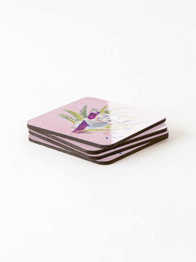 Alternate view of Watercolour Australian Koala and foliage on a pink background Coasters (Set of 4)