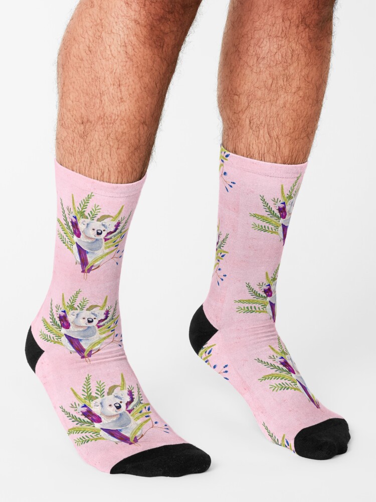 Alternate view of Watercolour Australian Koala and foliage on a pink background Socks