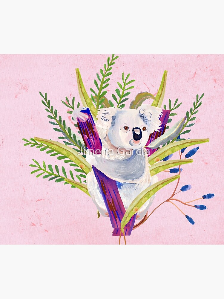 Watercolour Australian Koala and foliage on a pink background by Jime-Creates