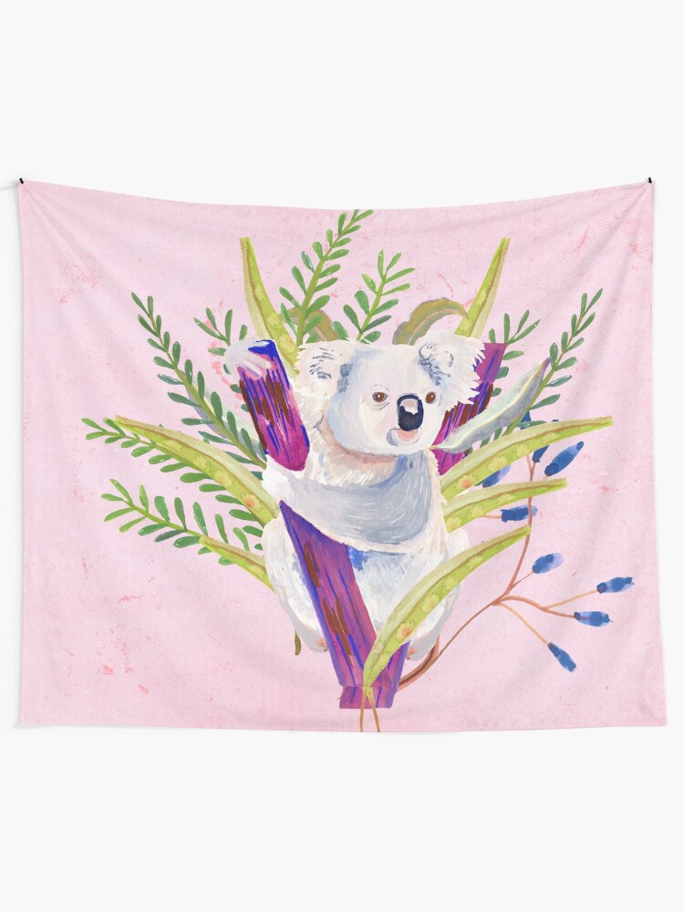 Alternate view of Watercolour Australian Koala and foliage on a pink background Tapestry