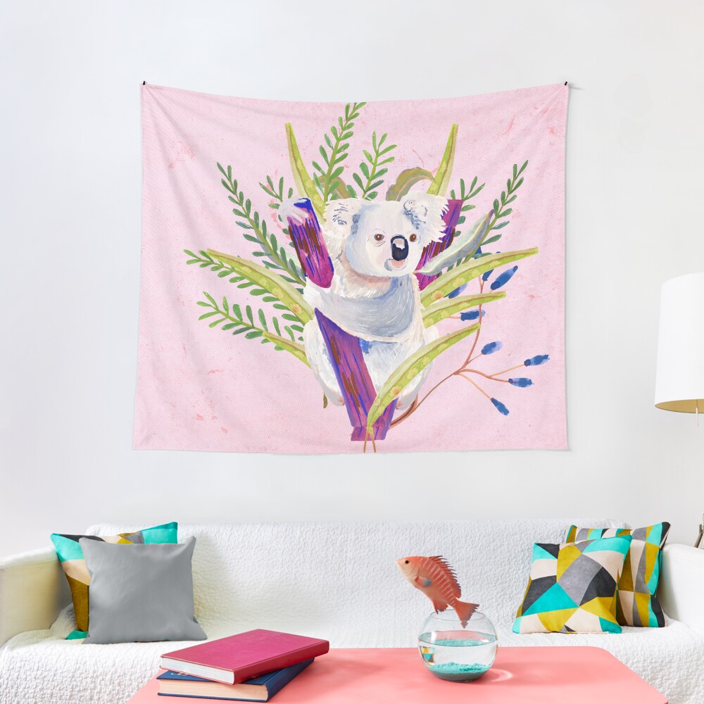 Watercolour Australian Koala and foliage on a pink background Tapestry
