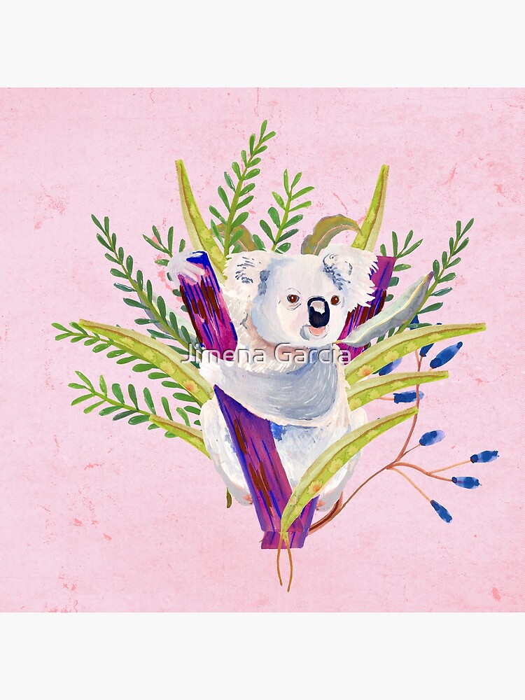 Watercolour Australian Koala and foliage on a pink background by Jime-Creates