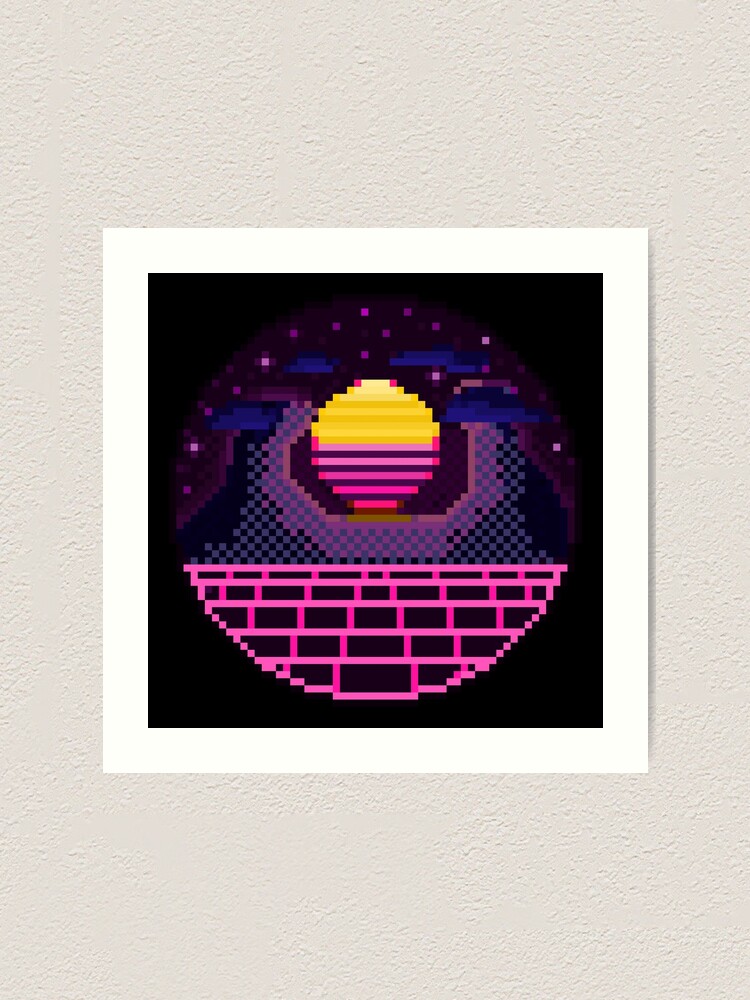 Pixel Art 64bit Synth Retrowave Grid Mountain Sunset Sticker for