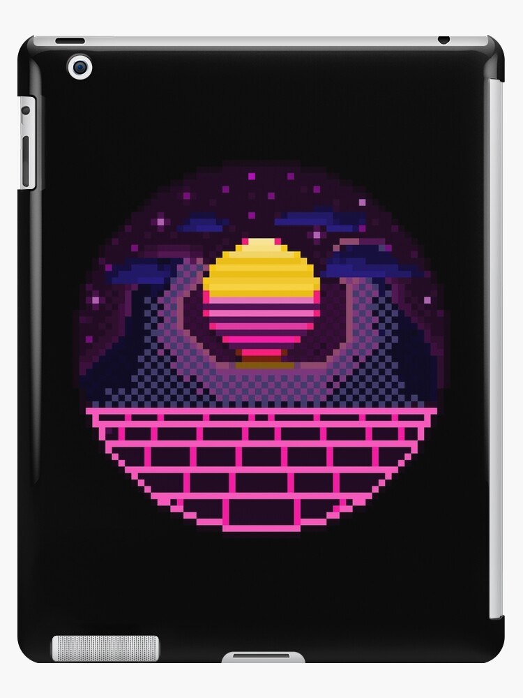 Pixel Art 64bit Synth Retrowave Grid Mountain Sunset\