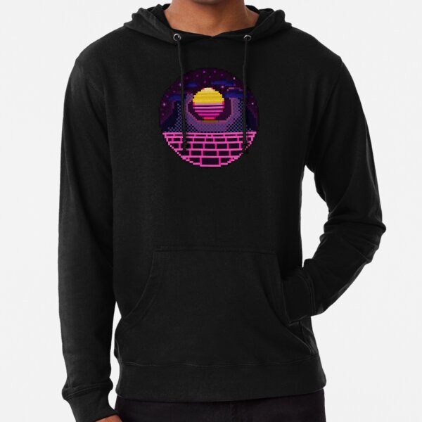 Pixel Art 64bit Synth Retrowave Grid Mountain Sunset Lightweight Hoodie