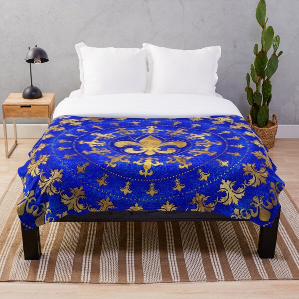 Fleur-de-lis ornament Lapis Lazuli and Gold Throw Blanket