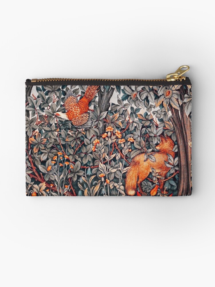 GREENERY, FOREST ANIMALS Pheasant and Fox Red Black White Floral