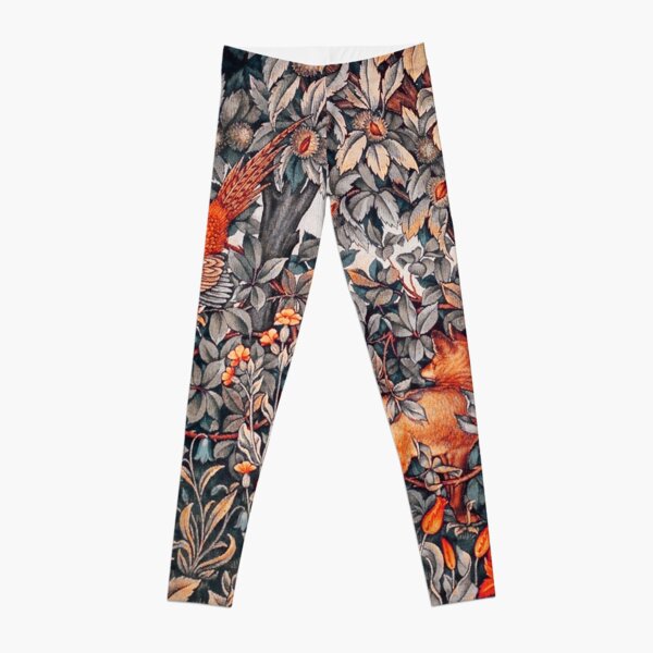  GREENERY, FOREST ANIMALS Pheasant and Fox Red Black White Floral Tapestry Leggings