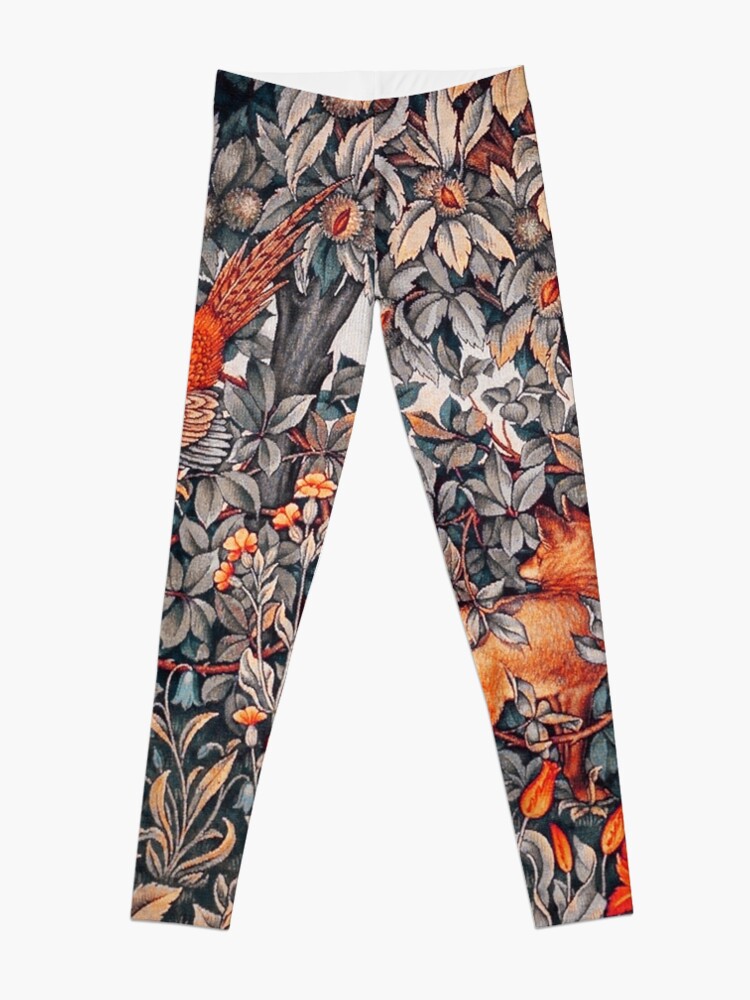 Alternate view of GREENERY, FOREST ANIMALS Pheasant and Fox Red Black White Floral Tapestry Leggings