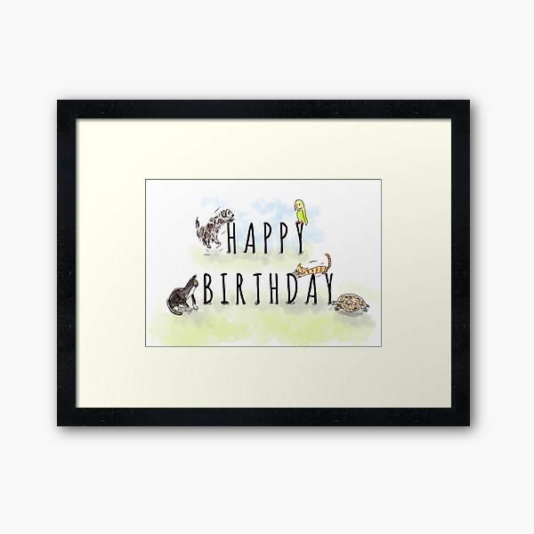 Cute Happy Birthday Animals and Pets Illustration Framed Art Print