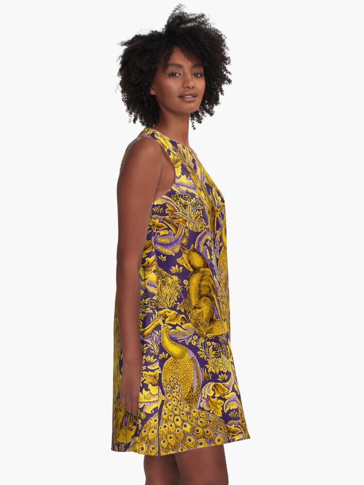 FOREST ANIMALS PEACOCKS FOX AND HARE GOLD YELLOW PURPLE LEAVES FLORAL PATTERN A Line Dress for Sale by BulganLumini Redbubble