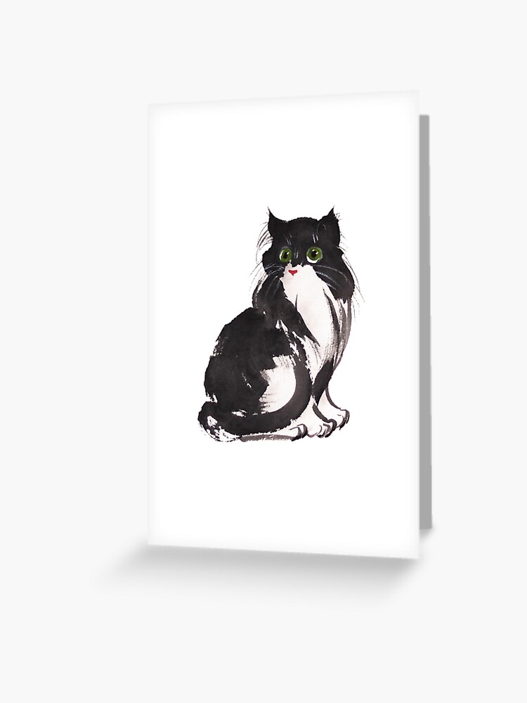 Carte De Vœux Peinture Sumie Chat Et Aquarelle Chat Noir Et Blanc Par Ladyshekk Redbubble