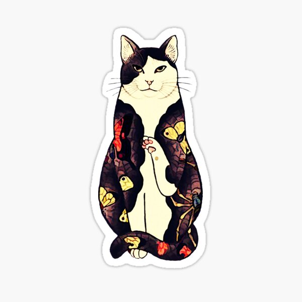Antique Japanese Woodblock Print Cat with Butterfly and Flower Tattoos Sticker
