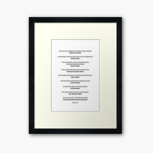 Kind are... “Mother Teresa” Life Inspirational Quote (Square)" Framed Art Print by Powerofwordss Redbubble