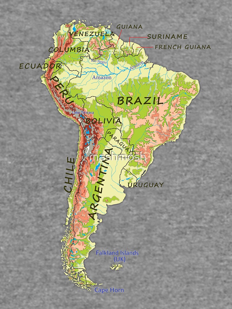 Sudadera Ligera América Del Sur Mapa Físico Detallado Mapa Topográfico Del Continente De 0128