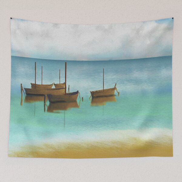 Item preview, Seascape Boats Painting Impressionism Blue Ocean Artwork designed and sold by livianasgifts.