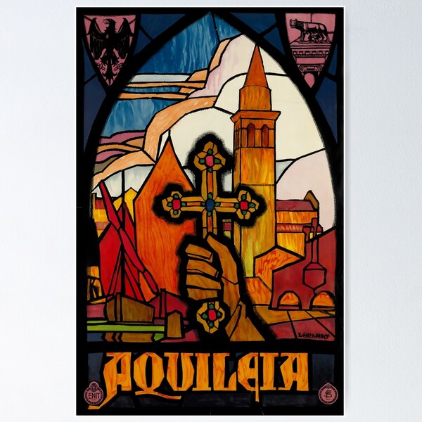 Vista previa del artículo con la obra «Aquileia vintage travel poster», diseñado y vendido por stickart-marek.