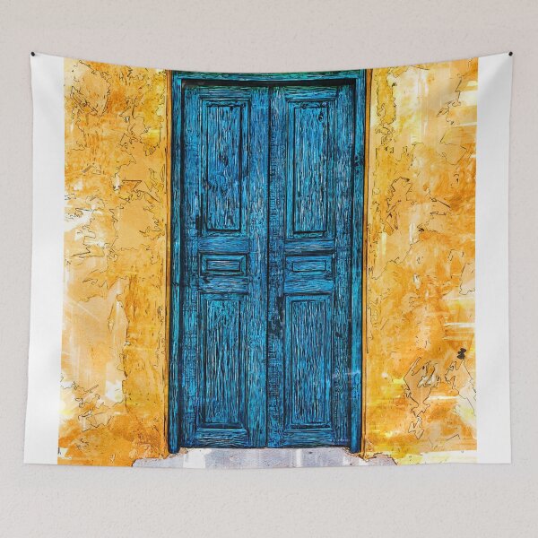 Item preview, Vintage Old Blue Wooden Door And Yellow Wall designed and sold by ColortrixArt.