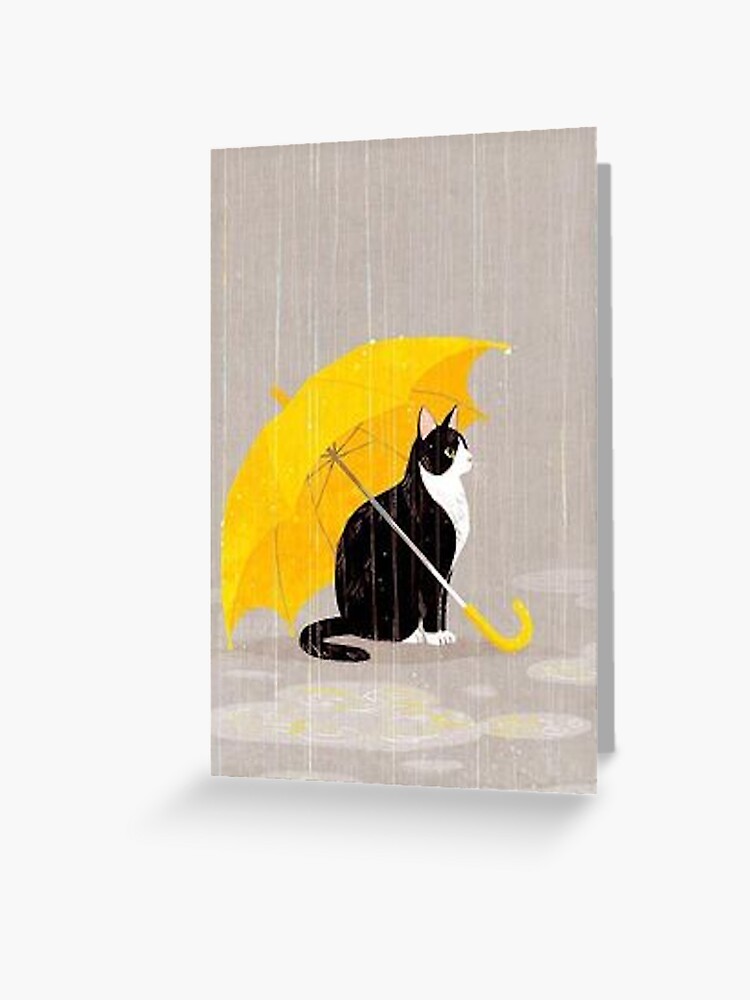 Black And White Cat In The Rain With A Yellow Umbrella Greeting Card By Mindchirp Redbubble