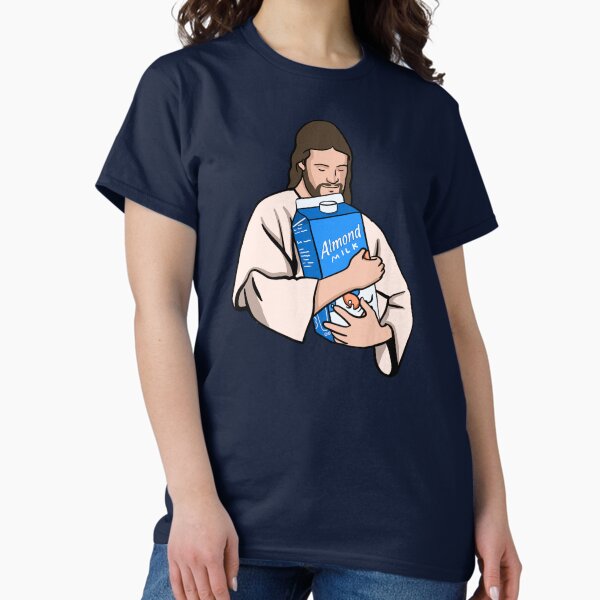 Vista previa del artículo con la obra «Jesús ama la leche de almendras (Jesús herbívoro sosteniendo leche de almendras) Leche de avena», diseñado y vendido por isstgeschichte.
