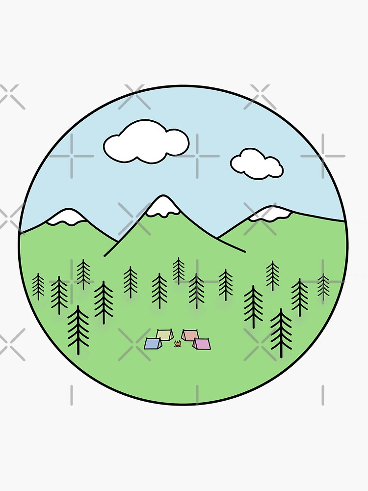 Thumbnail 3 of 3, Sticker, Cute camping in a forest inside a circle colors designed and sold by Pastel-PaletteD.
