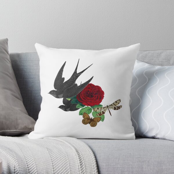 Vintage Swallows and Rose Throw Pillow