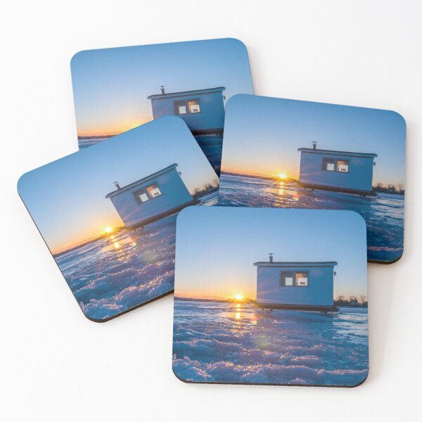 Item preview, Sunset, ice fishing hut, frozen lake designed and sold by RezieMart.