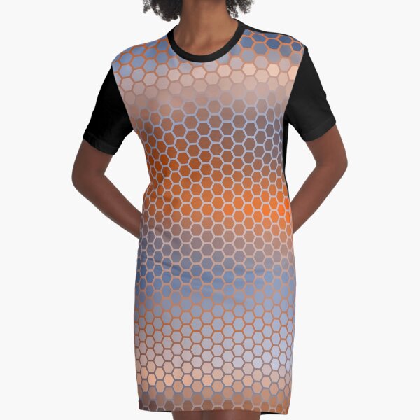 Blue Orange Brown Hexagon Pattern Graphic T-Shirt Dress