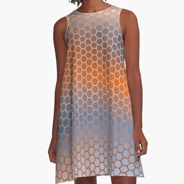 Blue Orange Brown Hexagon Pattern A-Line Dress