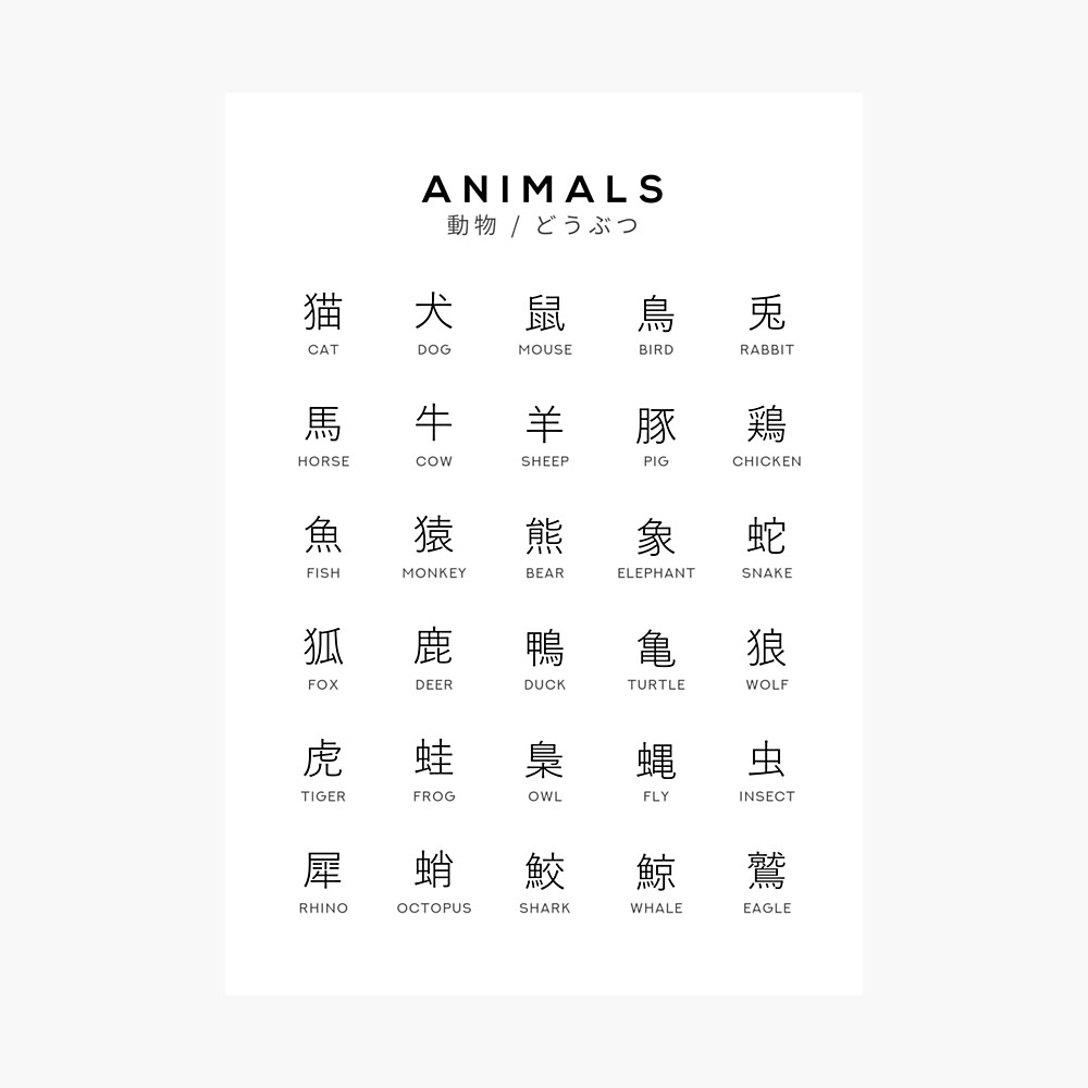 japanese animal chart animal kanji learning chart white photographic print for sale by typelab redbubble