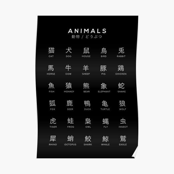 "Japanese Animal Chart - Animal Kanji Learning Chart - Black" Poster