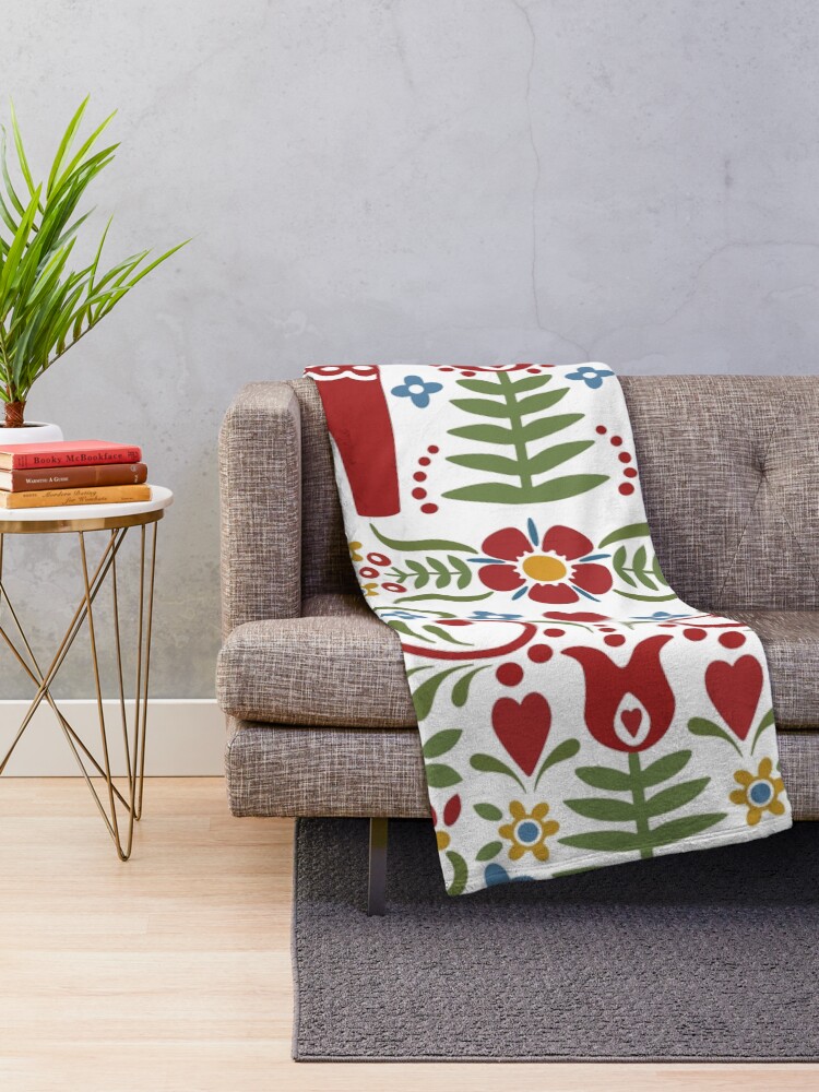 Alternate view of Scandinavian Dala Horse, Swedish Folk Art Throw Blanket