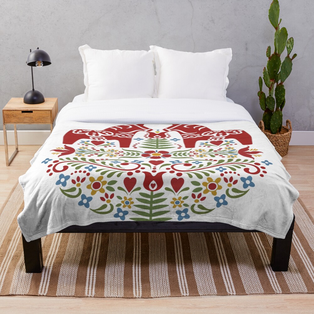 "Scandinavian Dala Horse, Swedish Folk Art" Throw Blanket for Sale by