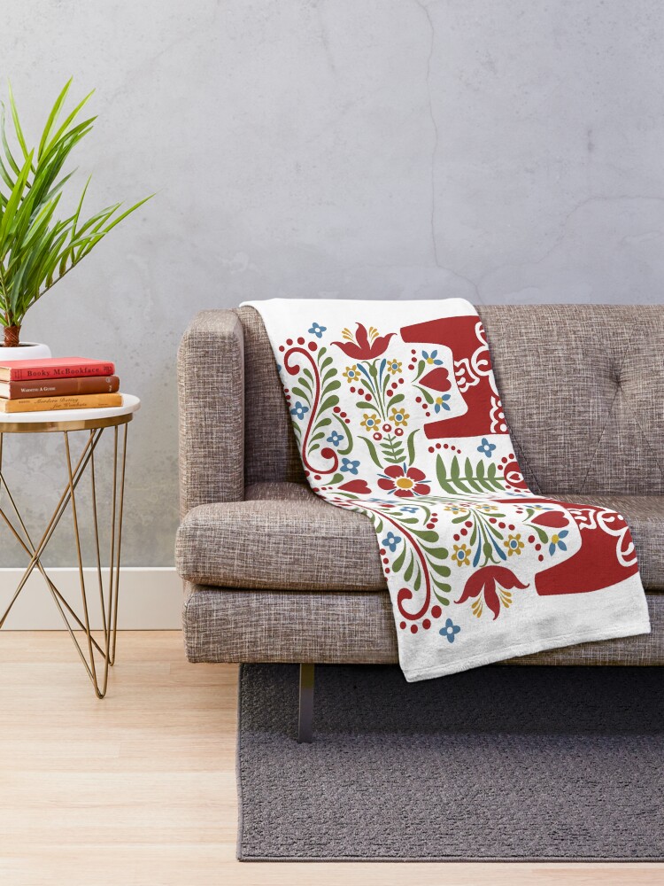 "Scandinavian Dala Horse, Swedish Folk Art" Throw Blanket for Sale by