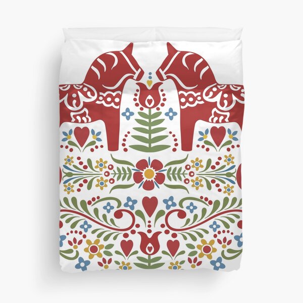 Scandinavian Dala Horse, Swedish Folk Art Duvet Cover