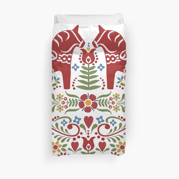 Scandinavian Dala Horse, Swedish Folk Art Duvet Cover