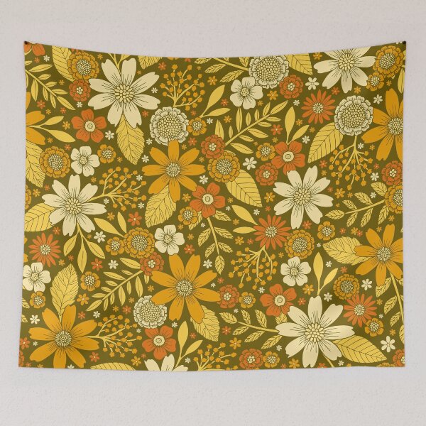 Item preview, 1970s Retro Flowers Pattern in Yellow, Orange & Olive Green designed and sold by somecallmebeth.